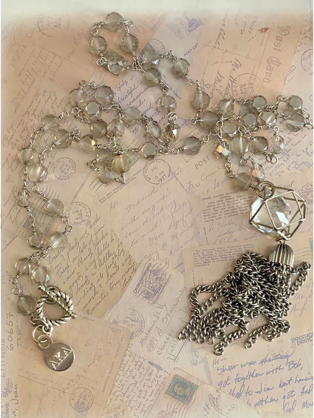 Vintage AKA Modernist Geometric Crystal Cage & Tassel Lariat Necklace